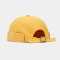 Detail of yellow canvas miki hat featuring white letter m embroidery and adjustable metal buckle - Adjustable / Yellow