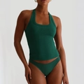 Y2K style green halter neck camisole and matching bikini brief set for women - S / Dark Green