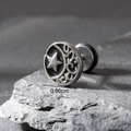 Detailed view of silver stud earring with engraved star moon motif and 0.96cm size guide - Star and Moon Pattern (S192)