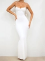 Elegant white backless maxi dress with spaghetti straps and ruched bust detail - S / White