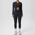 Détails de l'ensemble de yoga noir 3 pièces avec veste zippée et legging taille haute - S / Noir