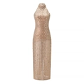 Elegante abito lungo da donna in mesh con paillettes color oro e scollo all'americana - XS / Albicocca