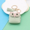 Detail of light green owl coin purse with faux leather texture and gold keychain - Matcha Green