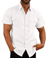 Detail of white cotton linen shirt showing dual chest pockets and textured fabric - M / Tops / White