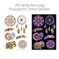 Fluorescent metallic gold tattoo sticker with mandala and feather designs in dual lighting - Bronzing Fluorescent JYG-004