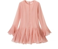 Detail of light pink mini dress featuring ruffled hem and single-breasted button closure - S / Pink