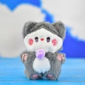 Macro view of a cute gray and white plush cat keychain with pink paw embroidery details - Blush Cat - Gray / 12cm