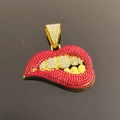 Hip hop red lips with gold teeth pendant encrusted with sparkling red and clear rhinestones - Pendant Only / Gold-Red Lips