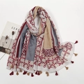 Bohemian geometric linen scarf in red, beige and grey with decorative tassel fringe - Red Yellow Grey Geometric Style (XB971-03)