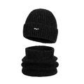 Winter knit beanie and neck warmer set in black with ribbed texture and back patch - Two-Piece Set / Black