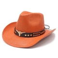 Close-up of orange straw cowboy hat with black band and gold bull head ornament - M (56-58cm) / Orange