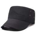 Men's lightweight quick-dry flat top military cap in black with metal side eyelets - Adjustable / Black