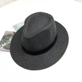 Dark grey woven straw fedora hat for men featuring a black decorative ribbon trim - M (56-58cm) / Black