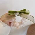 Dark green velvet bow hair scrunchie with white lily of the valley flower pendants - FQ1005A Creamy White