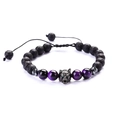 Detail of beaded wolf head bracelet with black lava stone and purple cat eye beads - Type B Lava Stone + Purple Tiger Eye