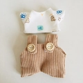 Weißes Bärchen-Oberteil und braune Cord-Latzhose Set für 17cm Plüschpuppen - Geeignet für 17cm Anhängerpuppen / Bären-T-Shirt & Braune Latzhosen-Set / Weiß & Braun