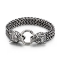Pulsera vikinga para hombre con doble cabeza de lobo en acero inoxidable plateado - Plata Antigua / 22cm
