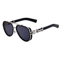 Vintage punk aviator sunglasses with silver double bridge and thick black metal frames - Shiny Black Silver Frame Grey Lens