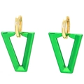 Modern gold hoop earrings featuring vibrant neon green V-shaped triangle pendants - Green