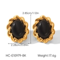 Detail view of gold twisted rope earrings with black oval stones and size dimensions - Black Oval Twist Gold Earrings (HC-E10979-BK)