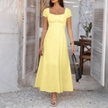 Elegant pale yellow A-line dress with puff sleeves and tie-front detail for women - S / Light Yellow