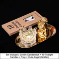 Nordisches Glas Kronen-Kerzenständer Set mit goldenem Engel und Tablett für Romantik - Transparenter Kronenhalter + Süßer Engel (Gold) Set
