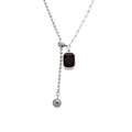 Silver paperclip and bead chain necklace featuring a black rectangular gemstone pendant - Steel