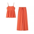 Women's orange two-piece vacation set featuring a cami top and wide-leg trousers - XS / Orange Red