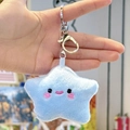 Light blue plush star keychain with embroidered smiling face and silver metal clasp - Blue Star with Silver Clasp