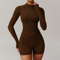 Ensemble de yoga marron café à séchage rapide avec haut zippé et short de sport taille haute - S / Haut Et Bas / Marron Bouleau (Veste+Short)