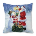 Close-up of Santa Claus and snowman digital print on Christmas peach skin pillowcase - 18x18 Inch / Santa and Snowman in Winter Forest
