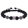 10mm matte black and faceted grey stone beaded bracelet with silver metal cylinder accent - 10mm / Faceted Map Stone + Obsidian