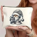 Pochette per cosmetici bianco panna con stampa gnomo di Natale e cerniera nera - Modello 1