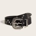 Cinturón punk de cuero negro con remaches de estrella y hebilla vintage grabada - Negro
