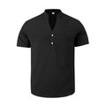 Detail of black cotton linen shirt with short sleeves and double-button henley collar - Black