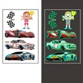 Luminous racing car stickers for kids showing daytime colors and night glow effect - Racing Glow Style (WS-K230)