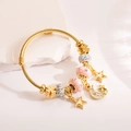 Adjustable gold bead charm bracelet with teddy bear pendant and sparkling star moon details - Star and Moon