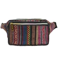 Detail of colorful striped woven fanny pack featuring double zipper compartments - Style F/Mixed Color Woven