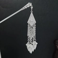 Elegant silver hair stick featuring hollow geometric tassel and teardrop enamel accents - Rhombus Hollow Multi-Chain Tassel (F356)