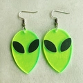 Detail of neon green acrylic alien earrings with black eyes and silver metal hooks - Alien (Fluorescent Green)