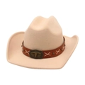 Beige western cowboy hat with brown leather band and vintage metal bull skull ornament - One Size / Beige