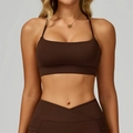 Dunkelbraunes Yoga-Set mit Überkreuz-Sport-BH und V-Taille-Leggings für Fitness - S / Kaffeebraun