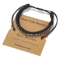 Detail of leather Morse code bracelet with beads on a 'Best Bitches' message gift card - Best Bitches