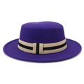 Purple wool felt flat top hat with beige and black striped ribbon band for women - One Size 58cm Circumference / Purple