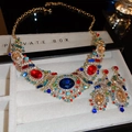Detailed macro shot of vintage gold necklace and earring set with colorful crystals - Colorful Rhinestone Water Drop Oval Earrings Necklace Set (2-Piece)