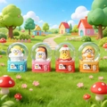 Set of four colorful cartoon bird crystal balls with duck bases on miniature grass background - 2534# (lights + Snowflakes)