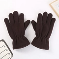 Detail view of brown polar fleece gloves featuring windproof material and thermal lining - Adult Male / Coffee