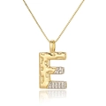 Detail view of gold letter E pendant with hammered texture and sparkling zircon inlay - Letter E