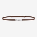 Women's minimalist thin genuine leather belt in brown with a polished silver buckle - Silver Snap Button / Caramel color