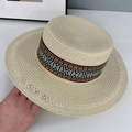 Classic straw boater hat with vibrant geometric ethnic ribbon trim for beach vacation - Beige Bohemian